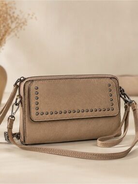 Taupe Stud-Accent Crossbody Bag
